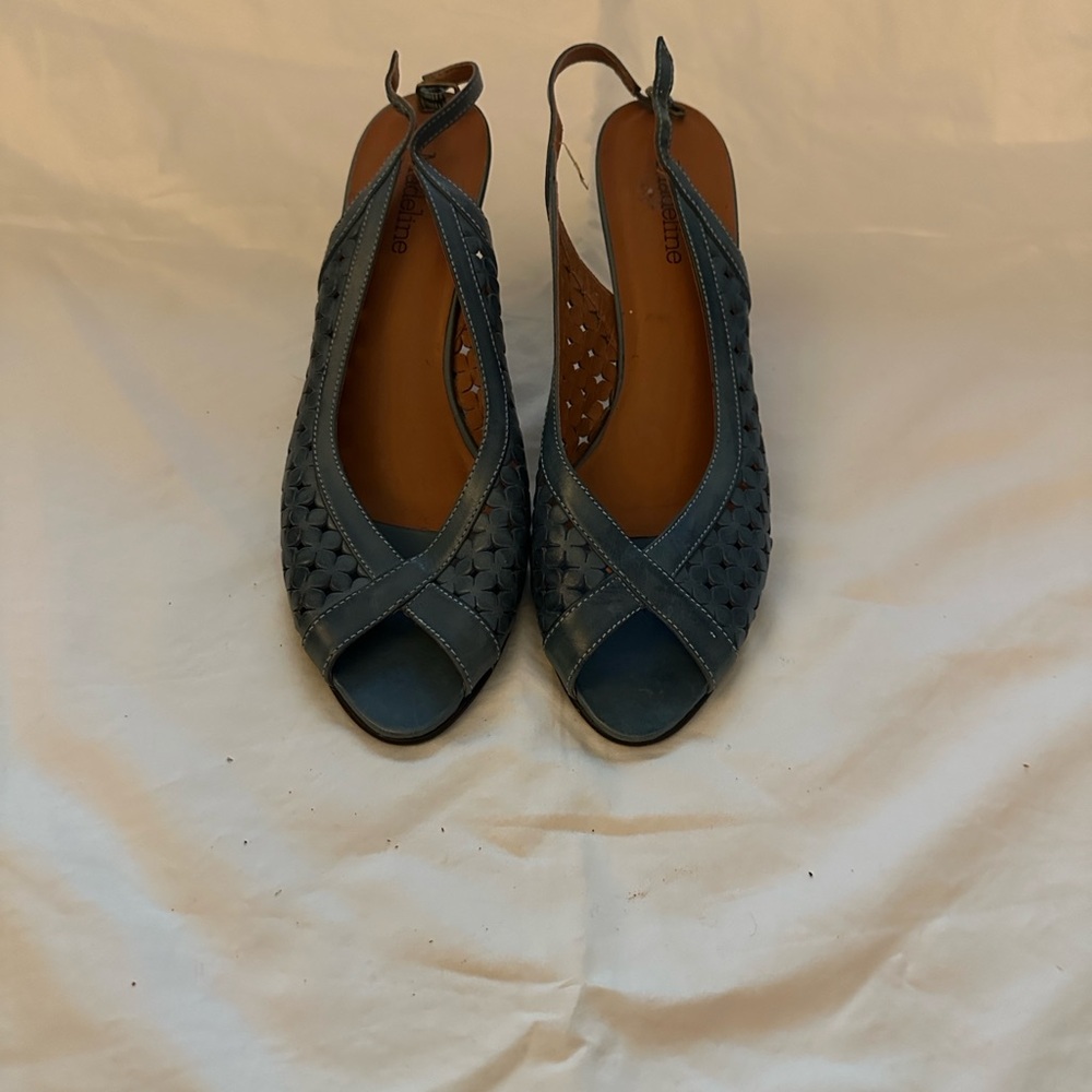 Madeline Blue leather Peep-Toe Slingback Heels